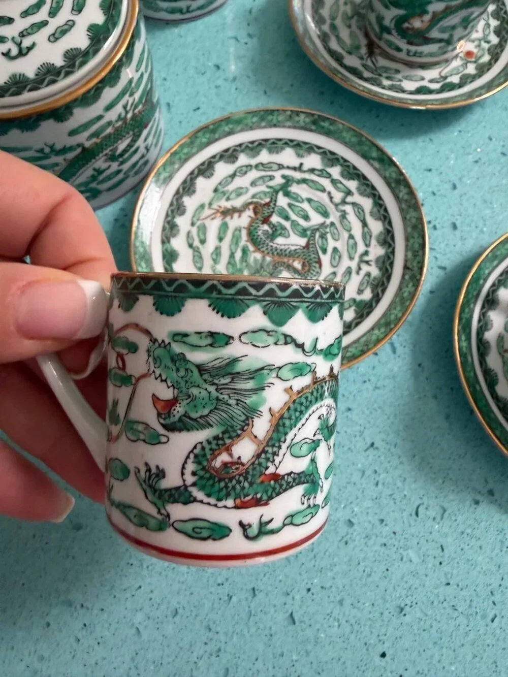 Vintage Chinese Porcelain Set of 6 Demitasse Cup, Saucer Set Sugar And Creamer